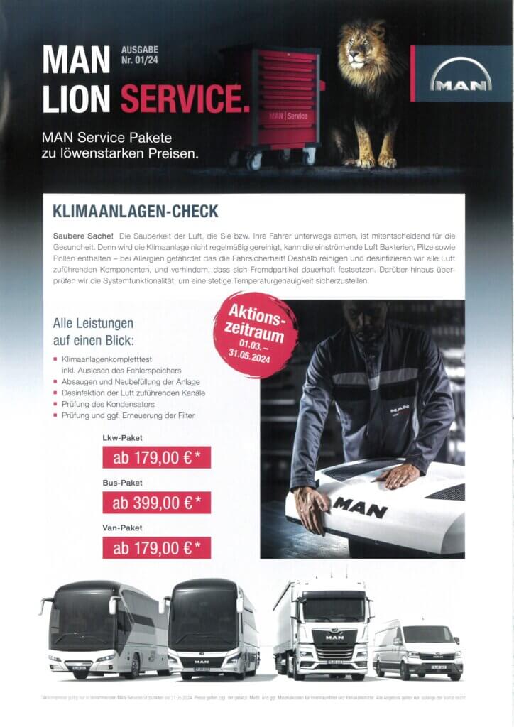 MAN Service Werbung: Klimaanlagen-Check für Lkw, Bus, Van mit Aktionspreisen ab 179 Euro bis 31.05.2024.