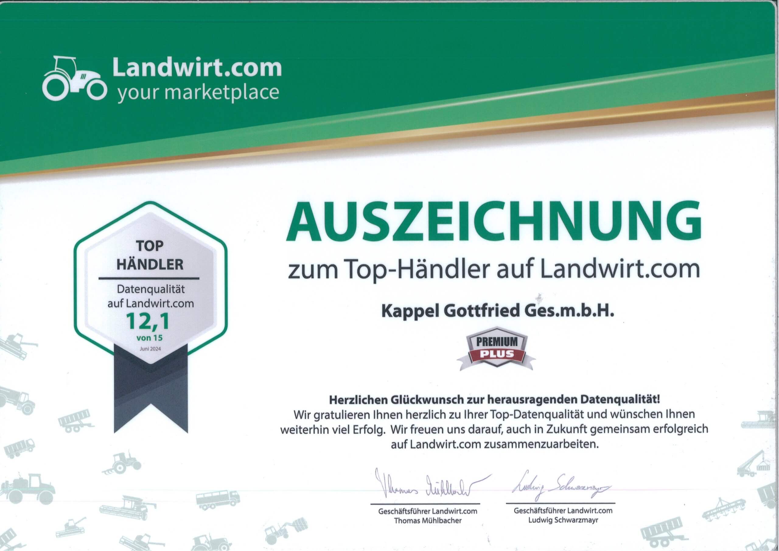 Auszeichnung für Kappel Gottfried Ges.m.b.H. als Top-Händler 2024 auf Landwirt.com für herausragende Datenqualität.