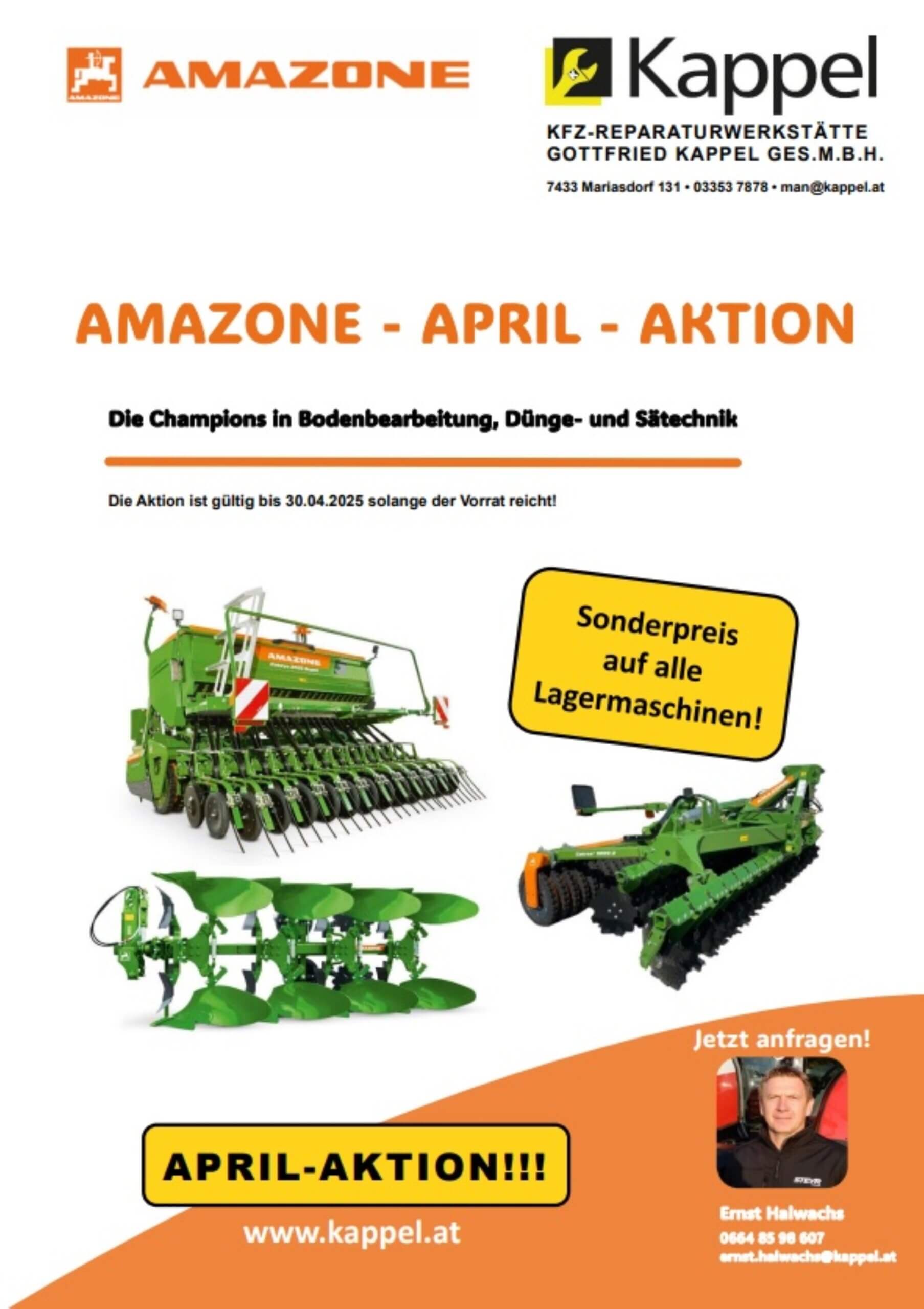 April-Angebot für Amazone-Landmaschinen bei Kappel. Sonderpreise auf Bodenbearbeitung und Düngemaschinen bis 30.04.2025.