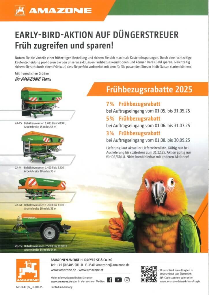 Amazone Frühbucheraktion 2025: Bis zu 7% Rabatt auf Düngerstreuer, früh bestellen und sparen! Angebot endet 30.09.25.