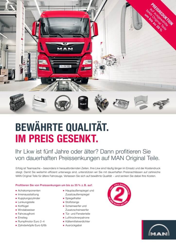 MAN Lkw in Werkstatt mit Ersatzteilen, Preisreduktion auf Originalteile bis zu 35 % für ältere Modelle.