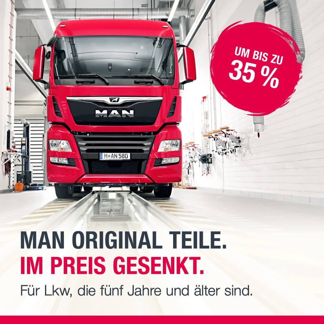 Roter MAN-Lkw in Werkstatt mit 35% Rabatt auf Originalteile für Lkw ab fünf Jahren.