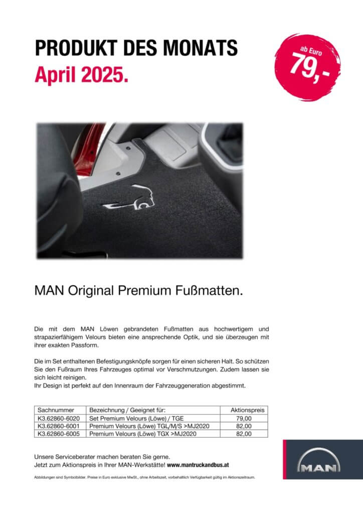 MAN Original Fußmatten, April 2025: Hochwertiges Velours, perfekt passend, ab 79 Euro. Optimaler Schutz und Design.
