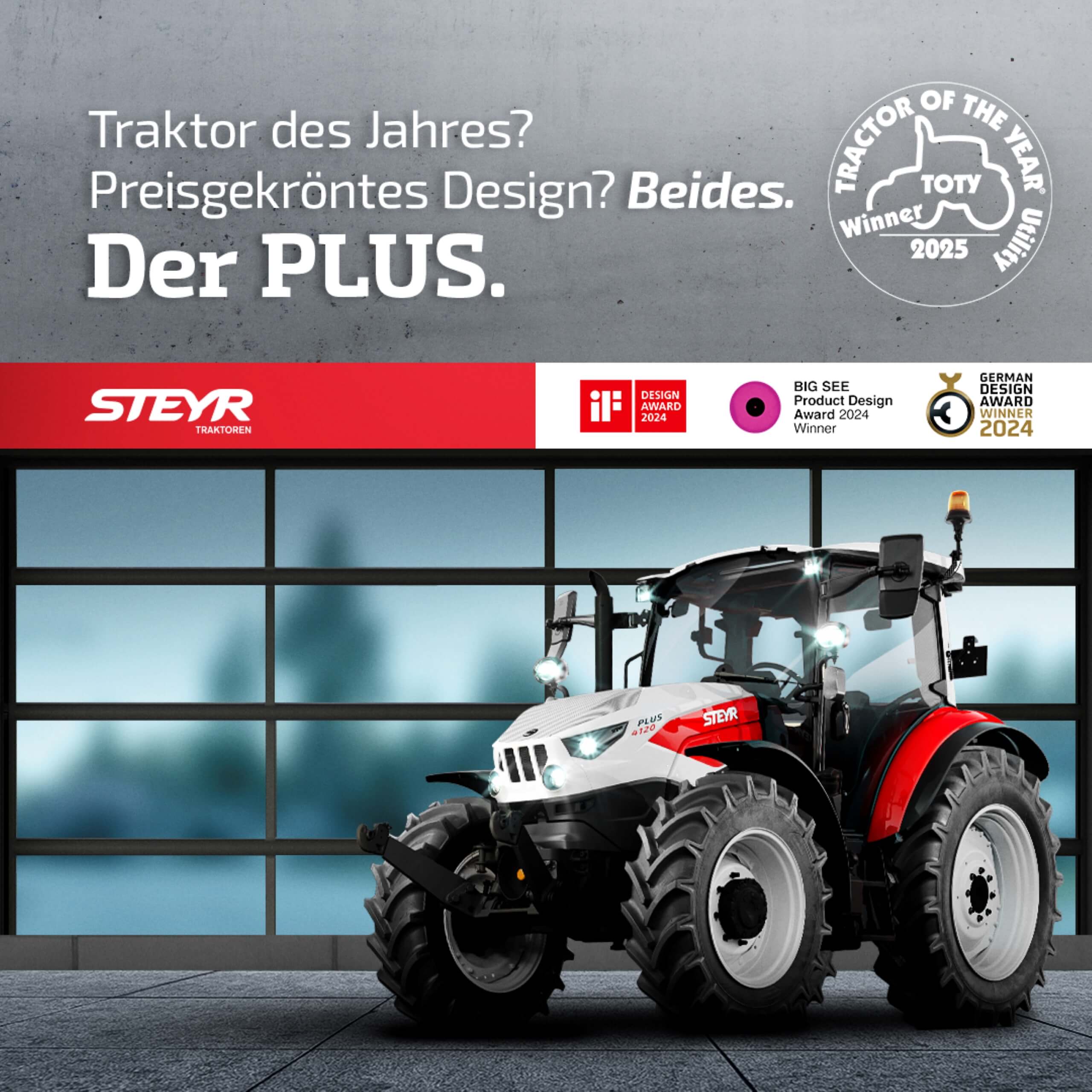 Moderner Steyr-Traktor mit preisgekröntem Design, ausgezeichnet als Traktor des Jahres und Gewinner mehrerer Designpreise.