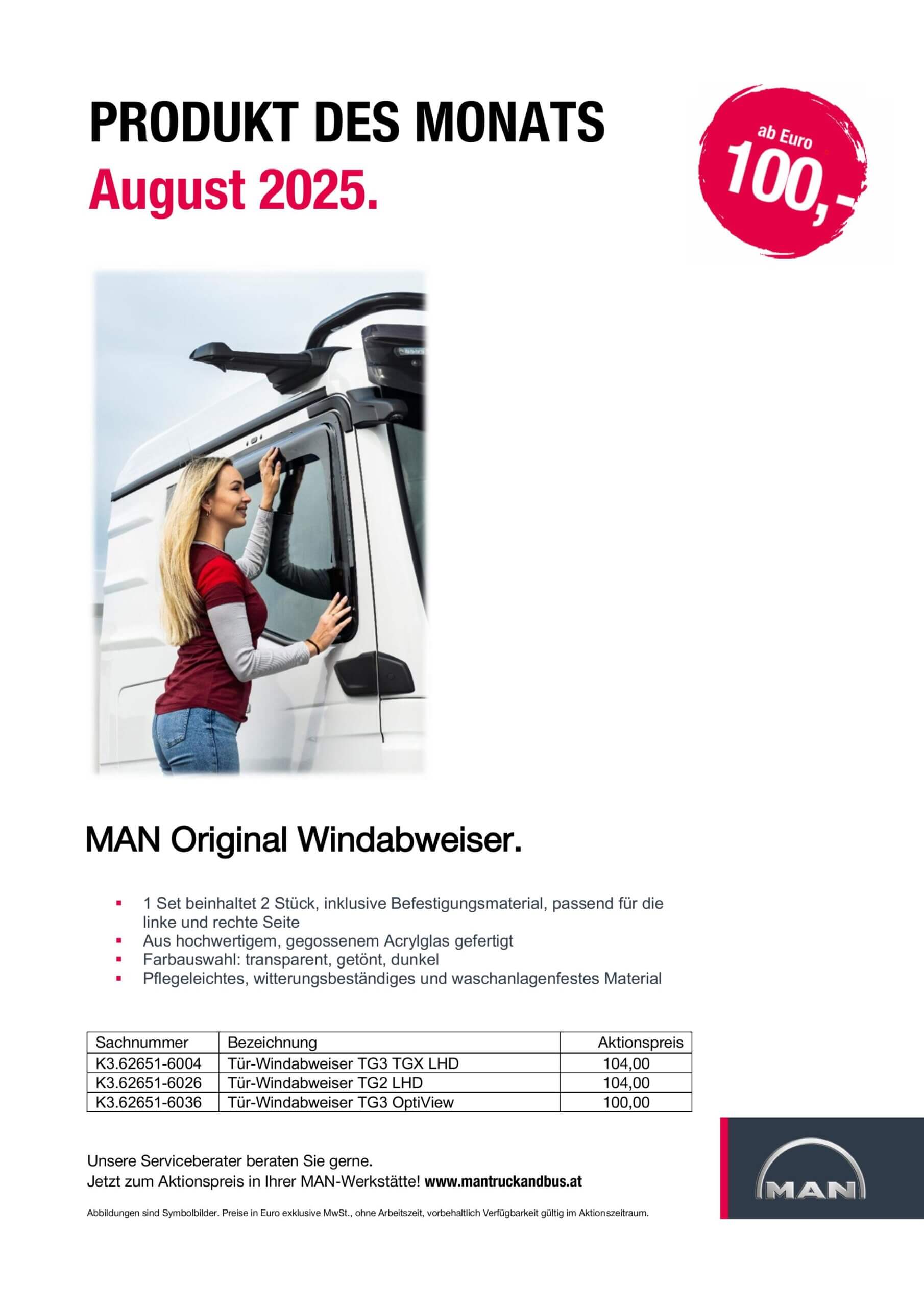 Produkt des Monats: MAN Original Windabweiser August 2025, ab 100 Euro. Langlebig, pflegeleicht, witterungsbeständig.