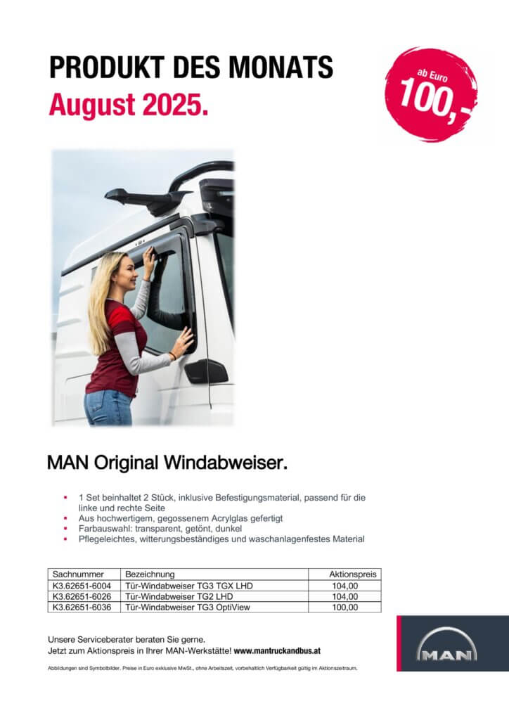 Produkt des Monats August 2025: MAN Windabweiser ab 100 Euro, stilvoll und hochwertig für alle LKW-Modelle.