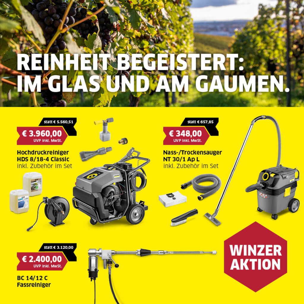 Winzeraktion: Angebote für Hochdruckreiniger, Nass-/Trockensauger und Fassreiniger im Weingarten.