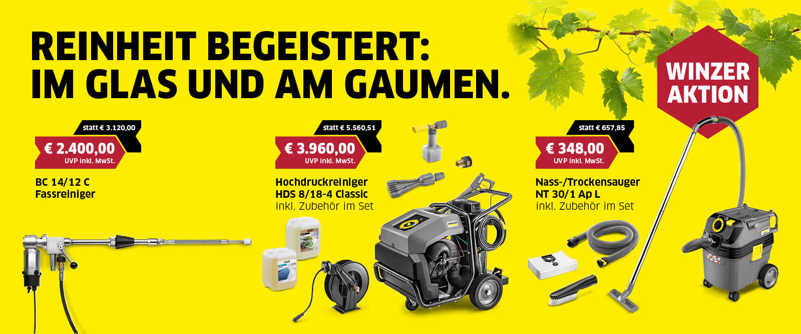 Winzeraktion: Fassreiniger, Hochdruckreiniger, Nass-/Trockensauger mit Zubehör. Sauberkeit für Weinproduzenten!