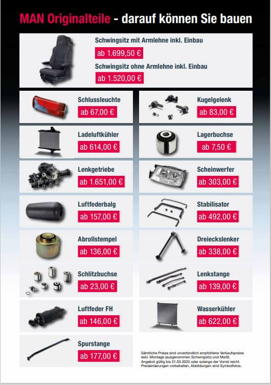 MAN Originalteile: Schwing- und Ersatzteile mit Preisen, z.B. Sitz, Scheinwerfer, Lenkrad ab 7,50 €.