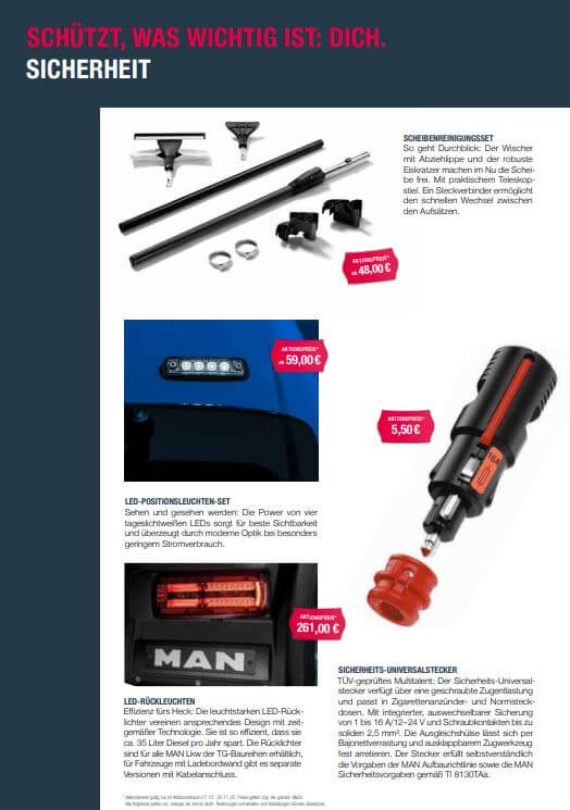 Sicherheitszubehör für Fahrzeuge: Scheibenreinigungsset, LED-Lichter, Sicherheitsstecker. Preise und Details dargestellt.