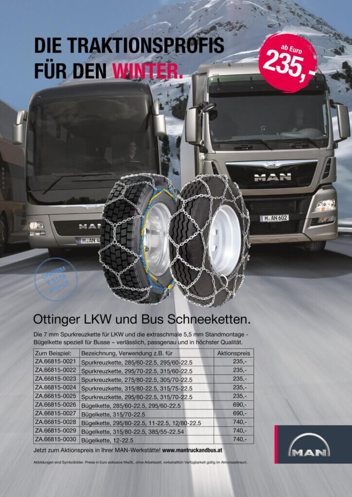 MAN LKW und Bus Schneeketten Angebot für Wintertraktion ab 235 Euro. Verlässliche Leistung, perfekte Passform.