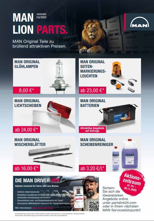 MAN Lkw-Teile Aktion: Glühlampen, Batterien, Wischerblätter und mehr, Oktober bis November 2025. Begrenzte Angebote.