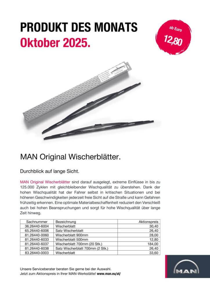Produkt des Monats Oktober 2025: MAN Original Wischerblätter ab 12,80 Euro für klare Sicht bei jeder Witterung.